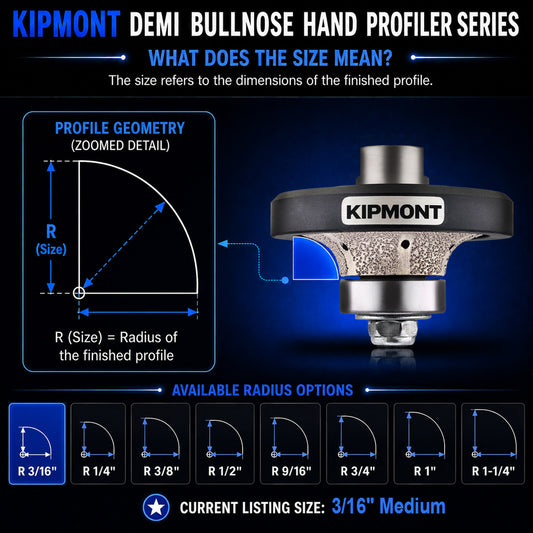 3/16 inch medium means the size and grit of the finished demi bullnose