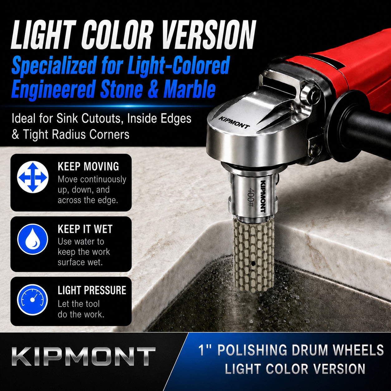 1 inch diamond drum wheel polishing tight inside sink corners on light color granite countertop