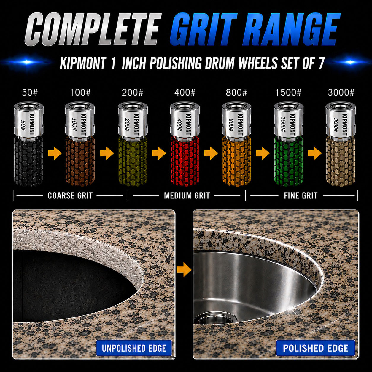 1 inch wet diamond drum wheel grit sequence from 50 grit to 3000 grit for mirror finish polishing