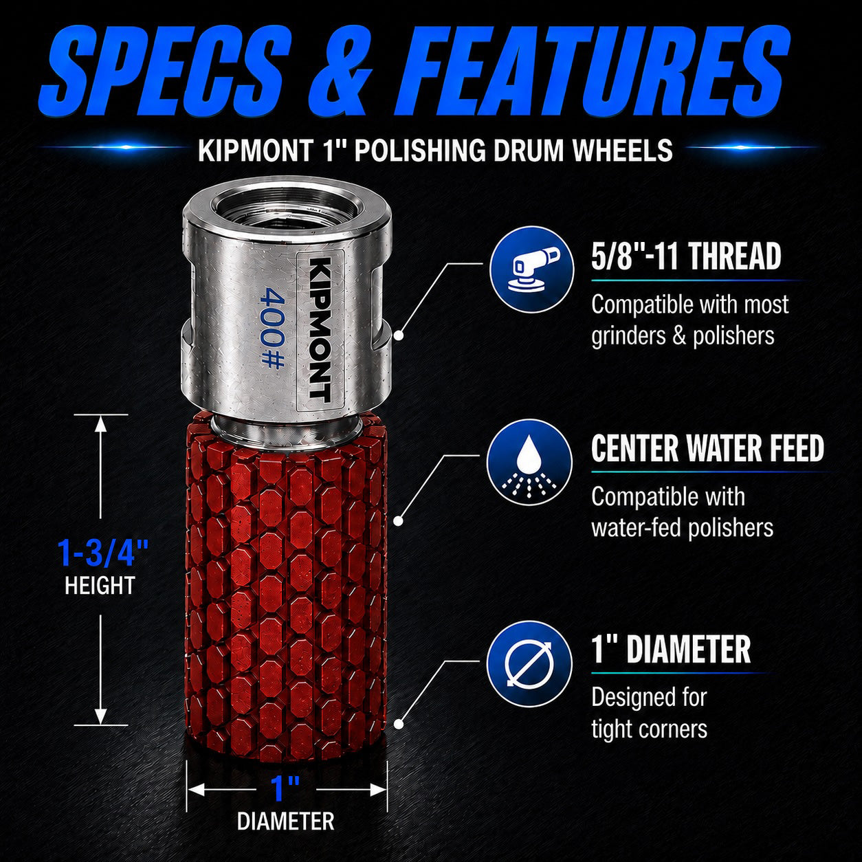 1 inch wet diamond drum wheel with 5/8-11 thread and maximum 4000 RPM speed
