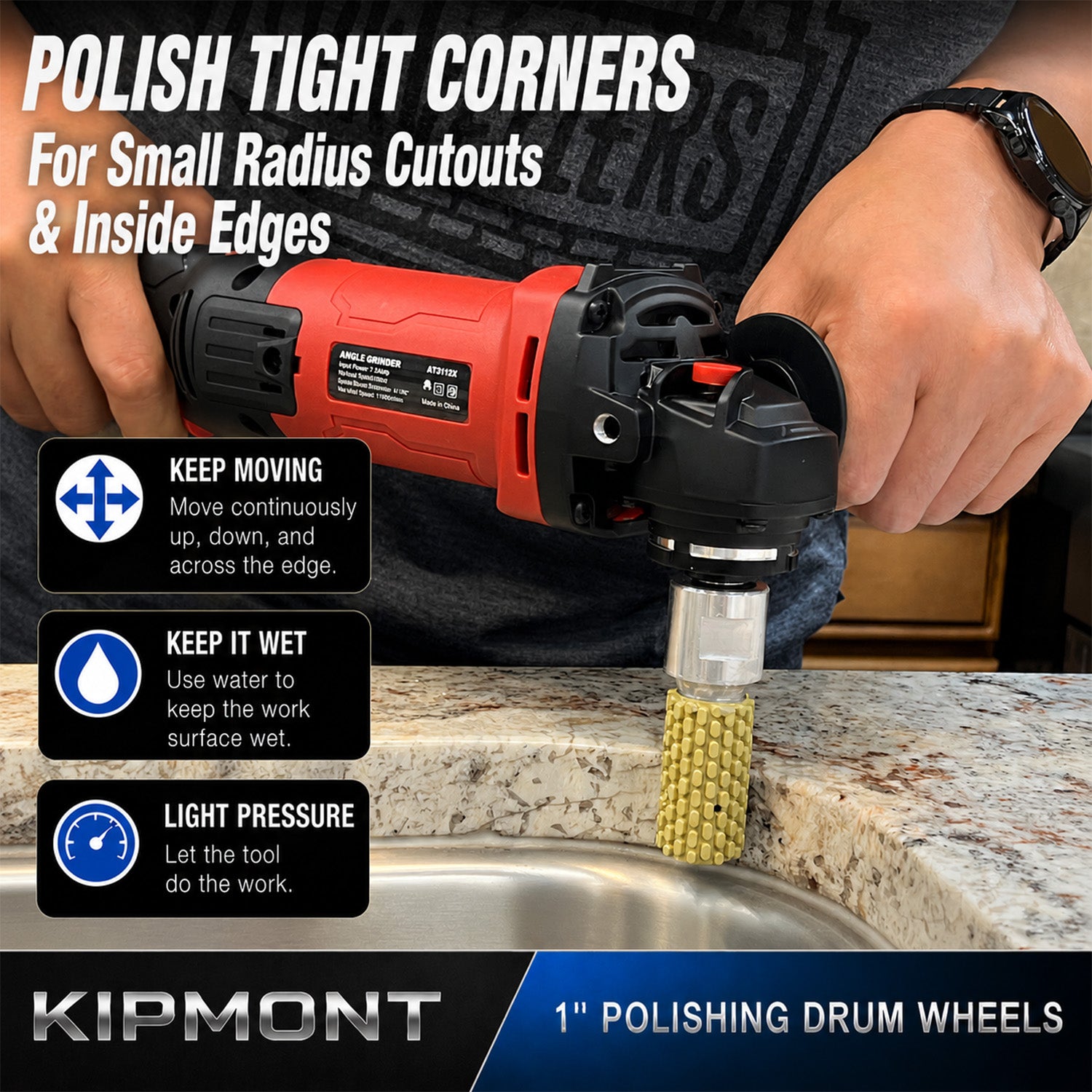 1 inch wet diamond drum wheel polishing tight inside sink corners on granite countertop