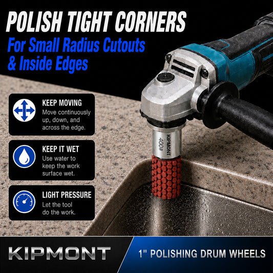 1 inch wet diamond drum wheel polishing tight inside sink corners on granite countertop
