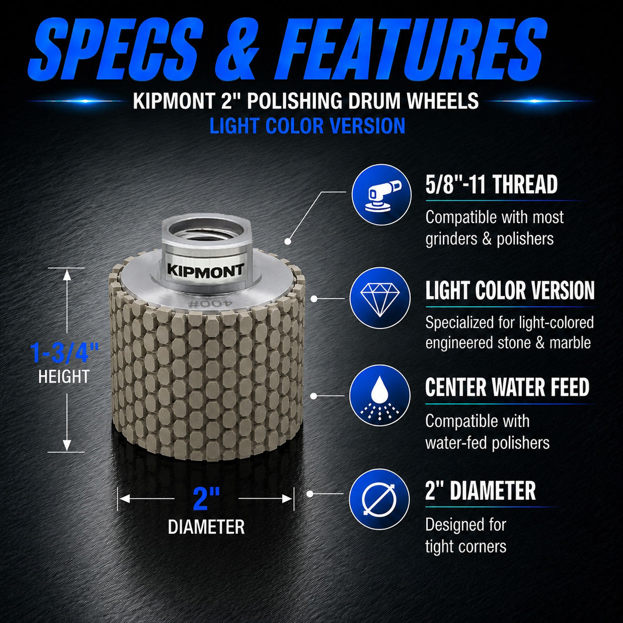 2 inch diamond drum wheel for light color stone with 5/8-11 thread and maximum 4000 RPM speed