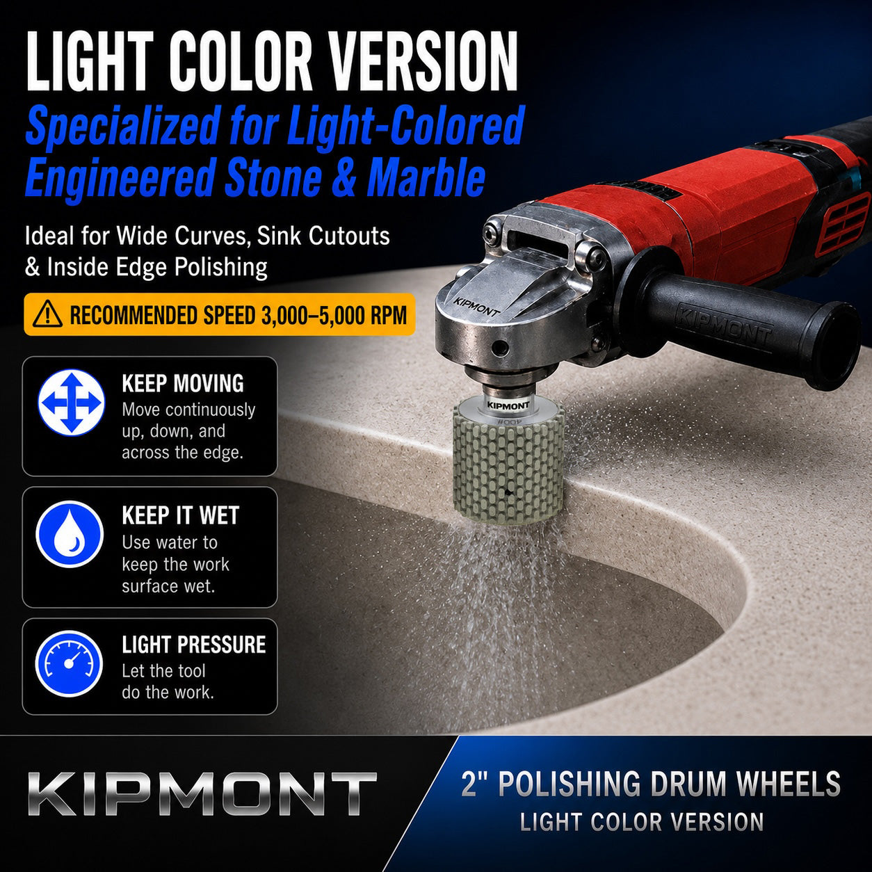 2 inch diamond drum wheel polishing inside edge sink corners on light color granite countertop