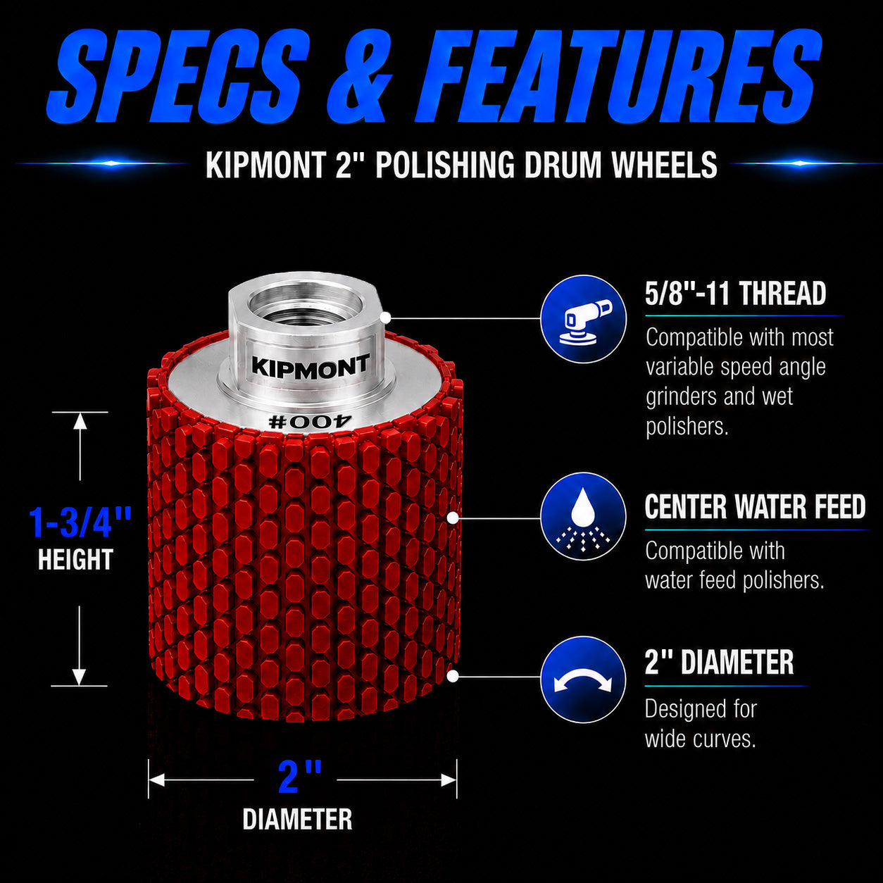 2 inch wet diamond drum wheel with 5/8-11 thread and maximum 4000 RPM speed