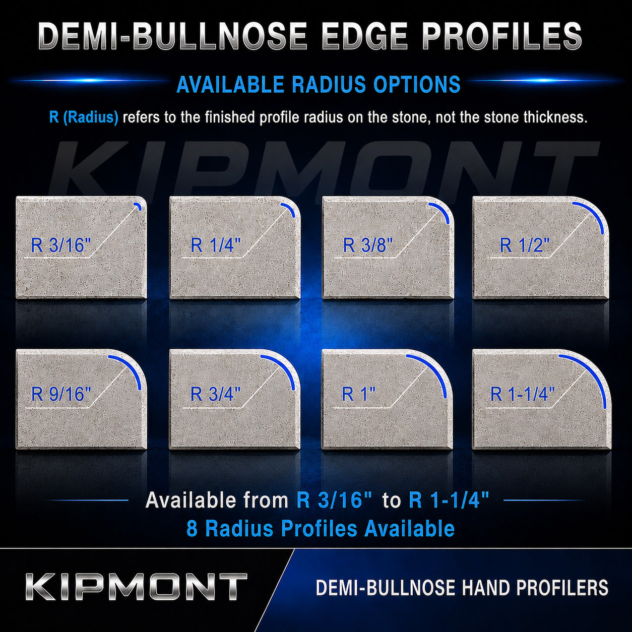 Kipmont demi-bullnose edge profiles with various radius.