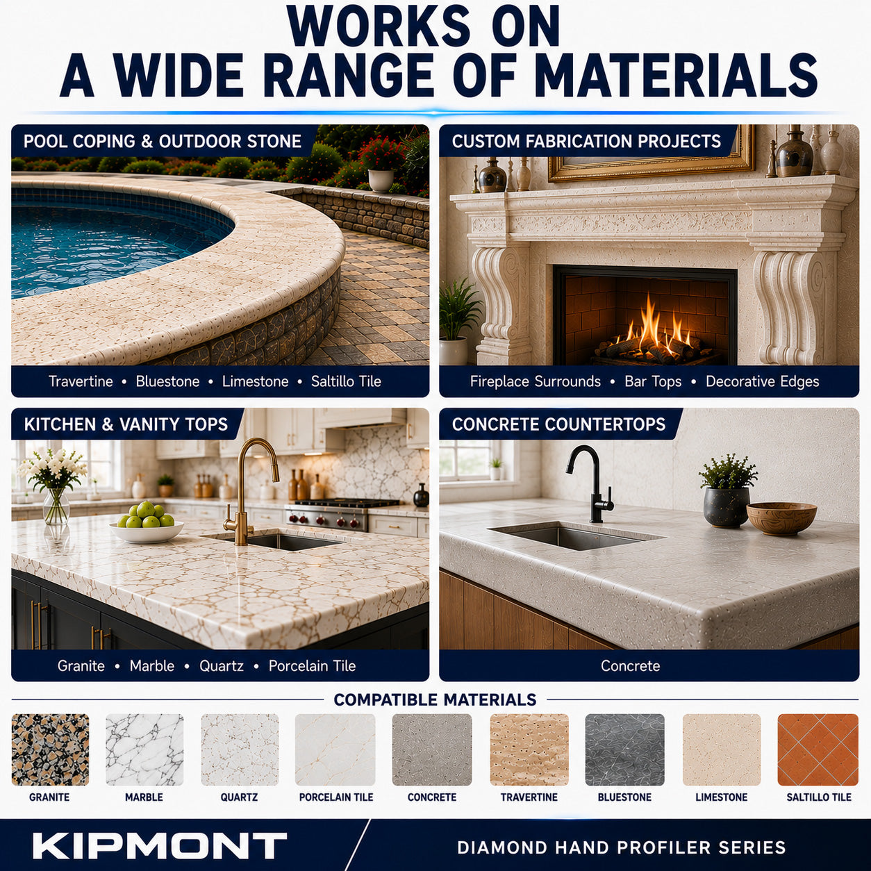 Advertisement for Kipmont Diamond Hand Profiler Series showing applications on pool coping, outdoor stone, custom fabrication projects, kitchen and vanity tops, and concrete countertops.