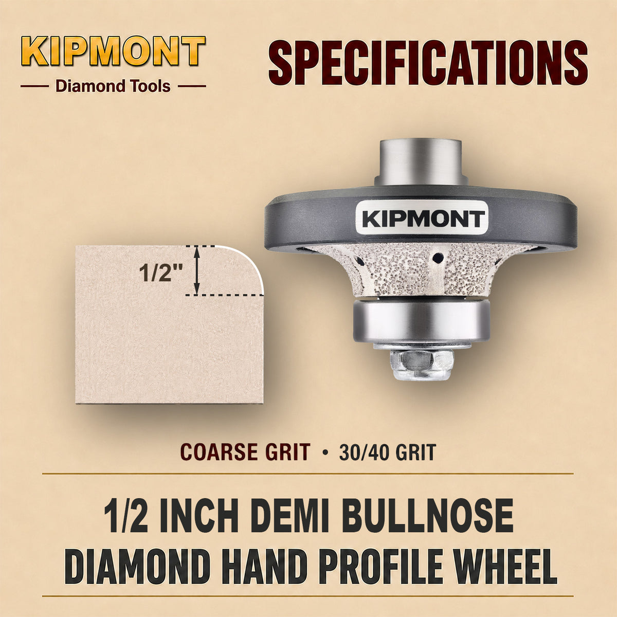 1/2 inch coarse means the size and grit of the finished demi bullnose