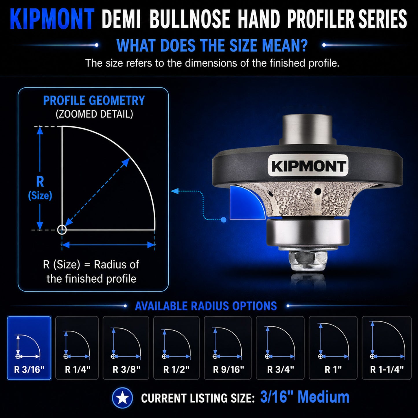 3/16 inch medium means the size and grit of the finished demi bullnose